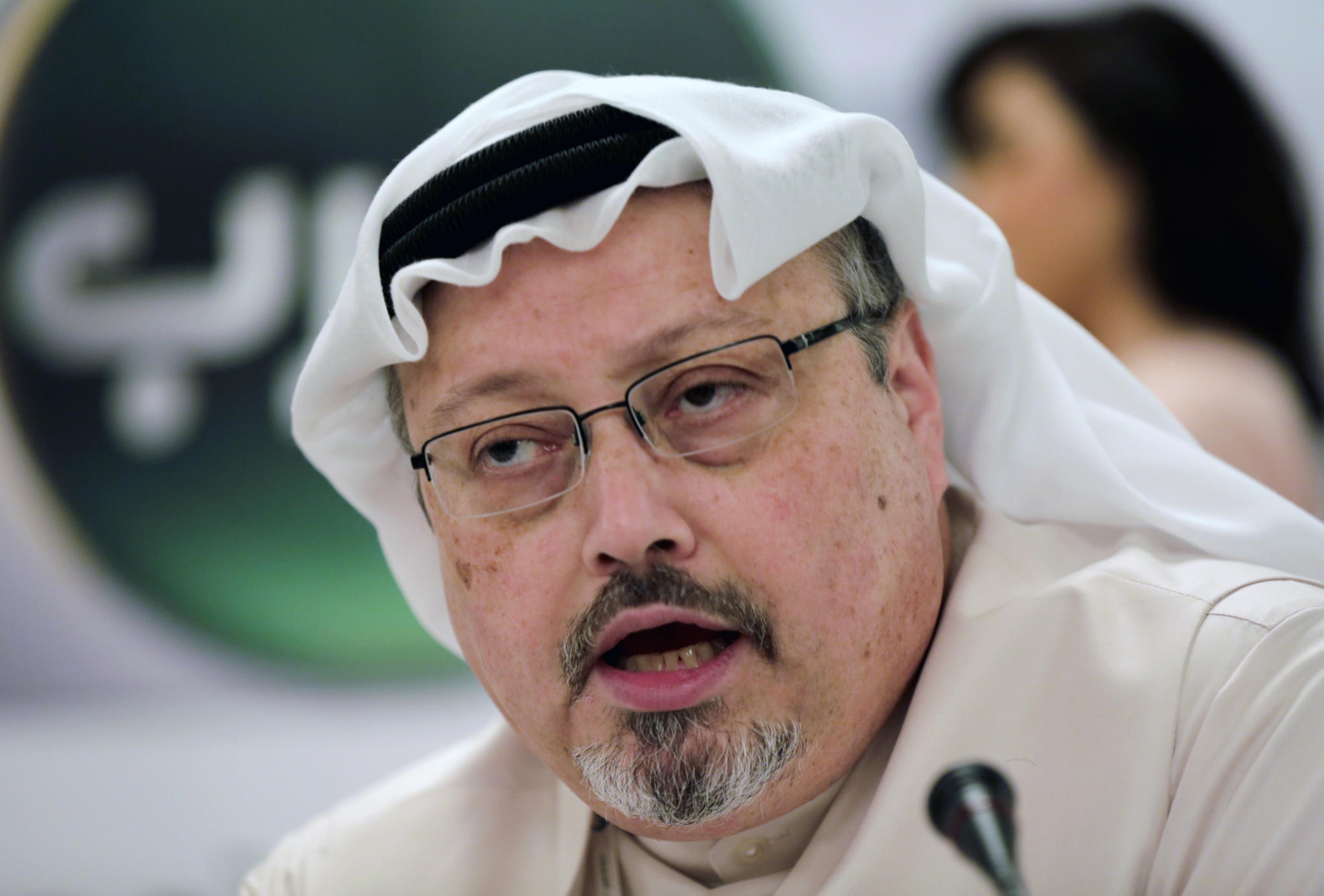 FILE - In this Feb. 1, 2015, file photo, Saudi journalist Jamal Khashoggi speaks during a press conference in Manama, Bahrain. The disappearance of Khashoggi, during a visit to his country’s consulate in Istanbul on Oct. 2, 2018, raises a dark question for anyone who dares criticize governments or speak out against those in power: Will the world have their back? (AP Photo/Hasan Jamali, File)